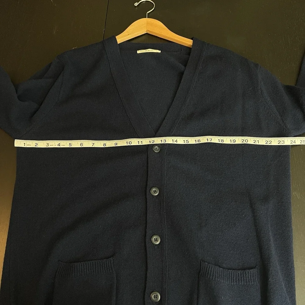 WoolOvers‎ Mens Lambswool V Neck Cardigan Size Large Navy Preppy Classic *FLAW*